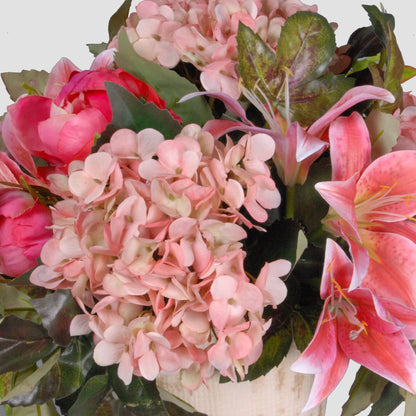 perfect coffee table silk flower arrangement mix of pink hydrangeas pink lilies and pink peonies in rustic distressed ceramic vase