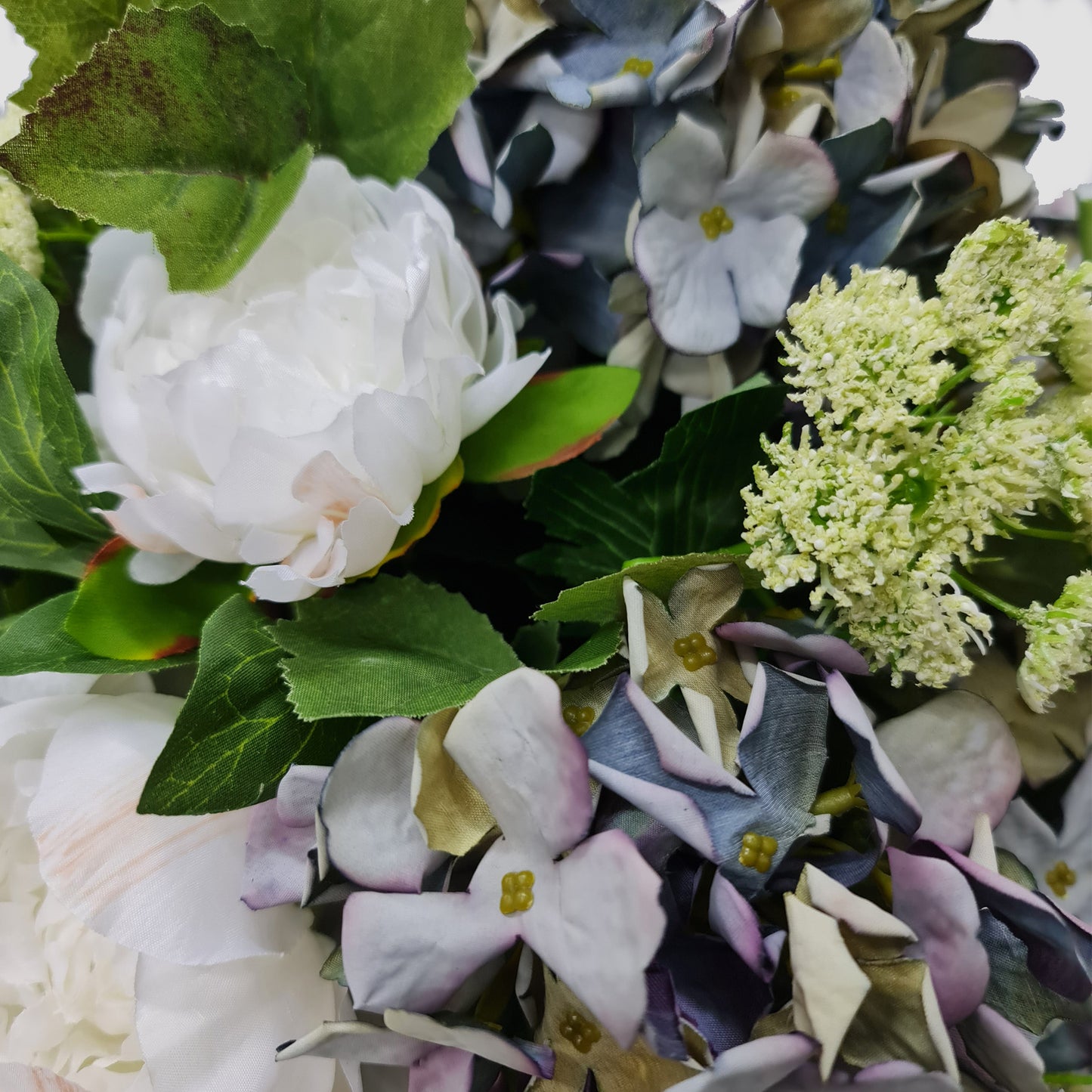 white artificial flowers peony and artificial blue hydrangea 