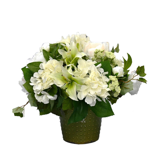 artificial white hydrangeas and lilies, coffee table floral arrangement in olive green ceramic vase french country