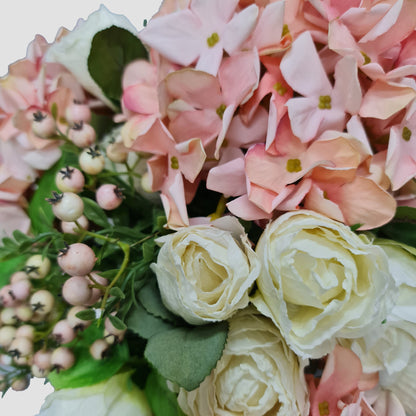 artificial pink hydrangeas white roses and pink berries floral arrangement