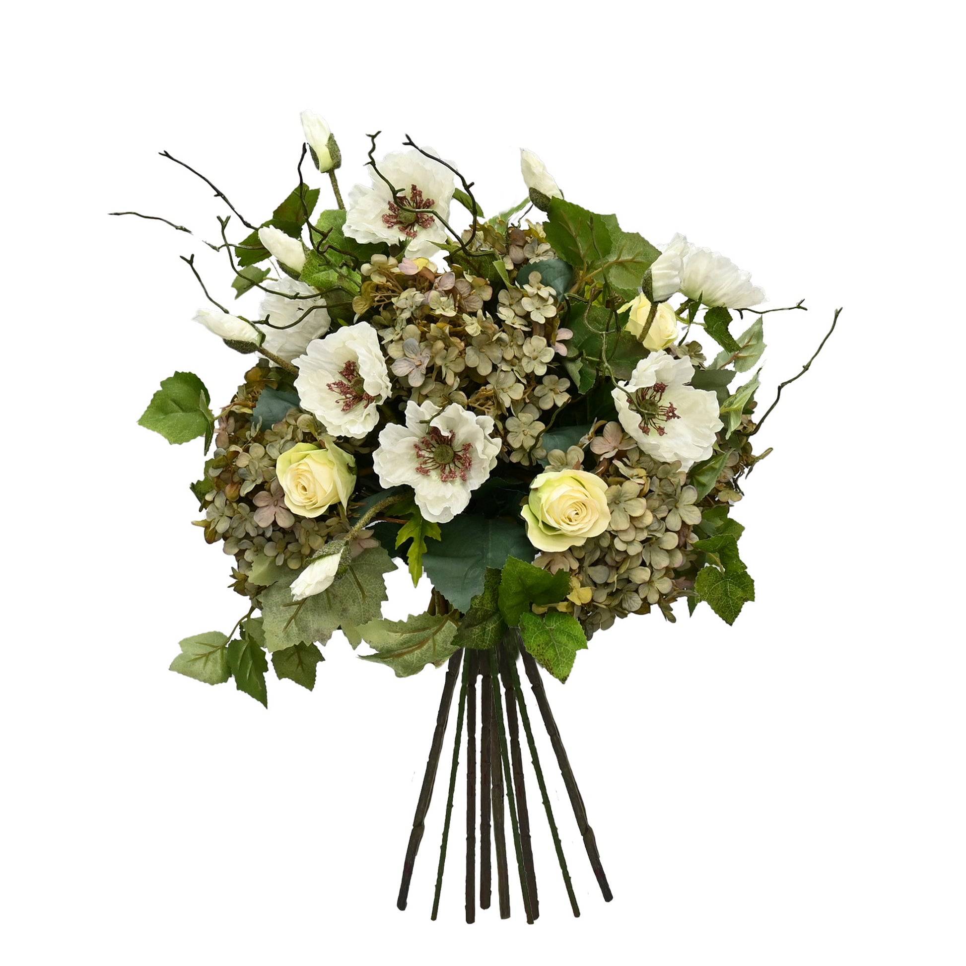 artificial white poppies green hydrangeas floral arrangement perfect for table setting