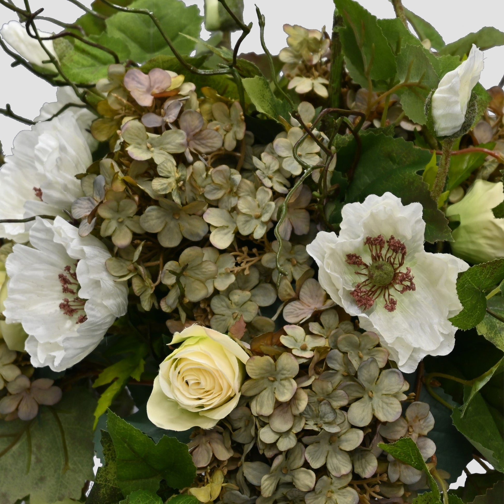 artificial white poppies green hydrangeas floral arrangement perfect for table setting