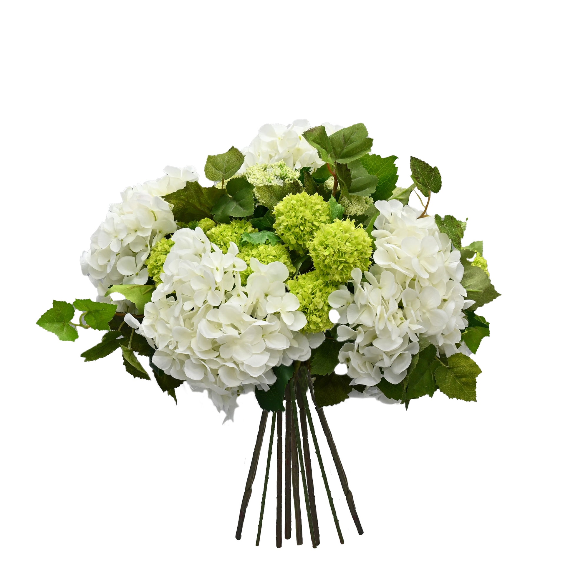 Artificial white hydrangeas and lime snowball floral arrangmement